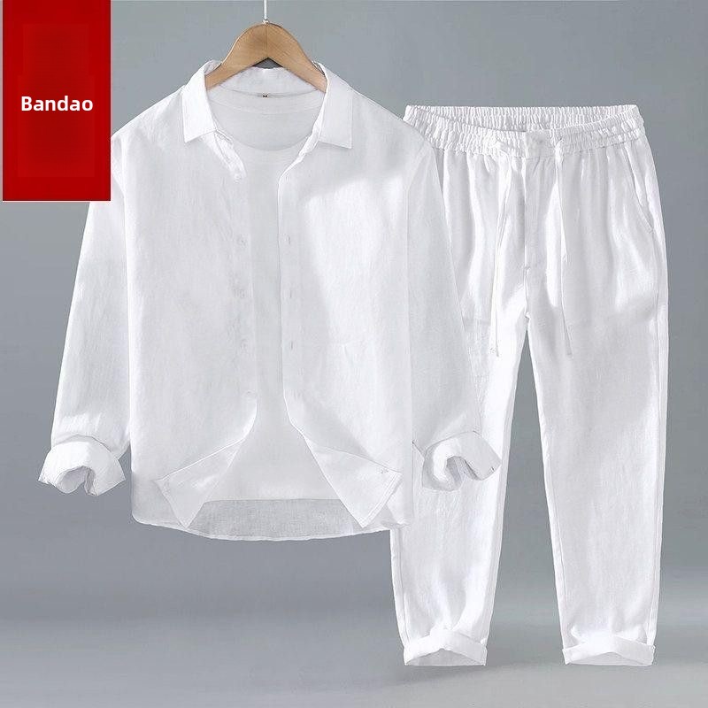 Summer Cotton Linen Shirt Pant - Mens Linen Shirt Long Sleeve ulasan dan harga