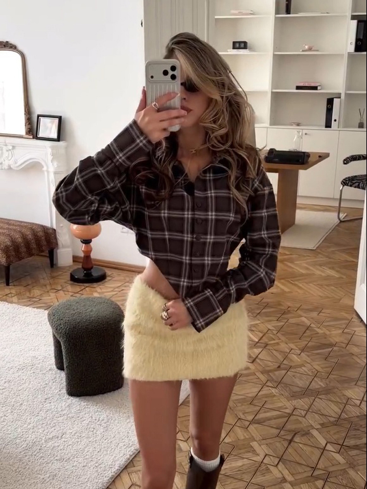 Women Chic Brown Plaid Check S - Mens Linen Shirt Long Sleeve ulasan dan harga