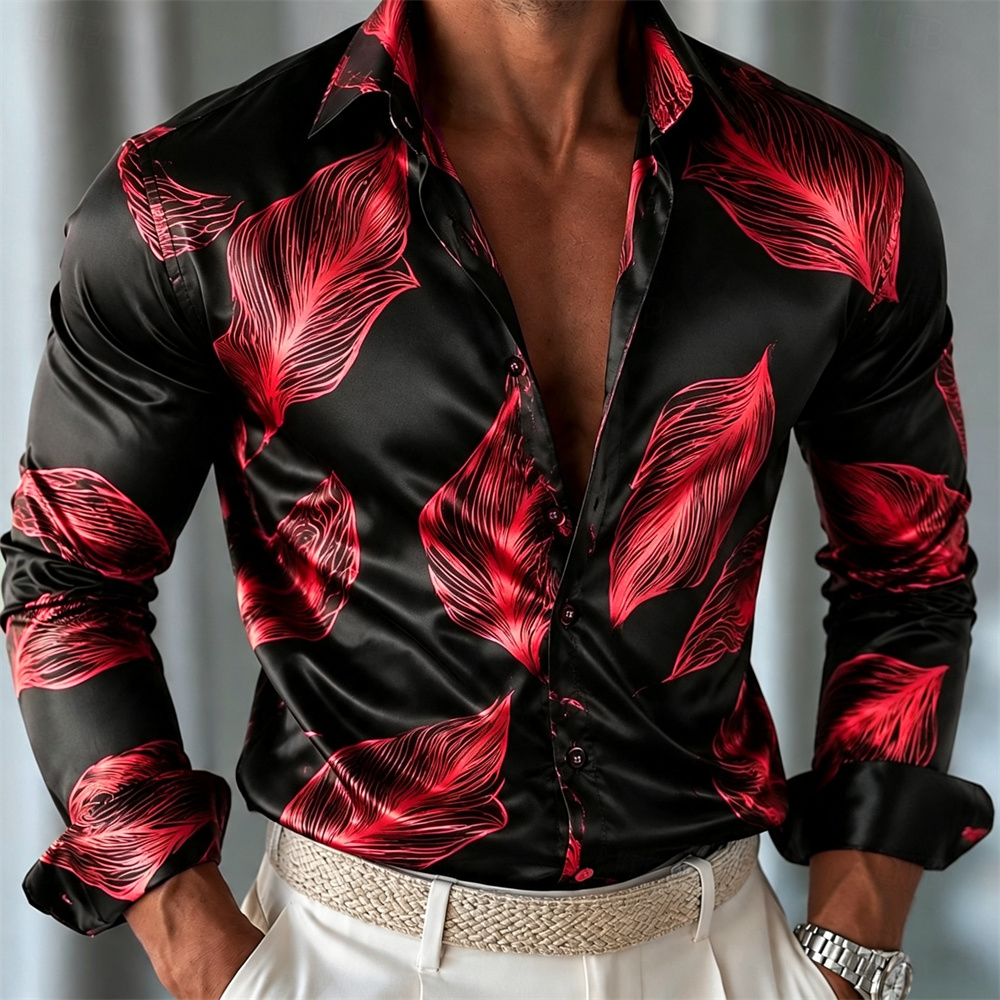 Men's Leaf Pattern Satin Shirt - Mens Satin Silk Dress Shirt ulasan dan harga