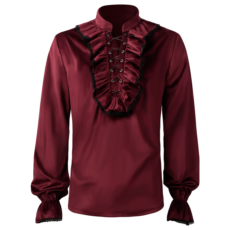 Red Lace Up Ruffles Lantern Sl - Medieval Gothic Lace Up Pirate Shirt ulasan dan harga