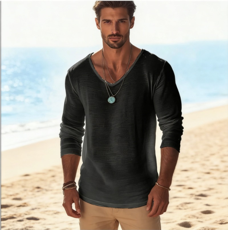 Men's Casual V-Neck Linen Blen - Mens Linen Shirt Long Sleeve ulasan dan harga