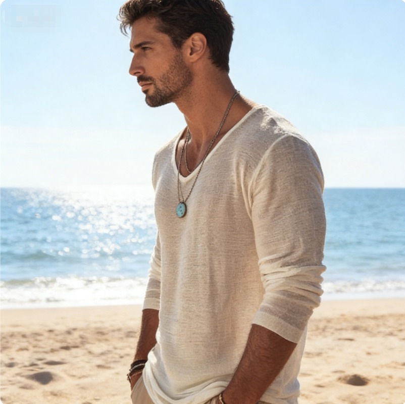 Men's Casual V-Neck Linen Blen - Mens Linen Shirt Long Sleeve ulasan dan harga