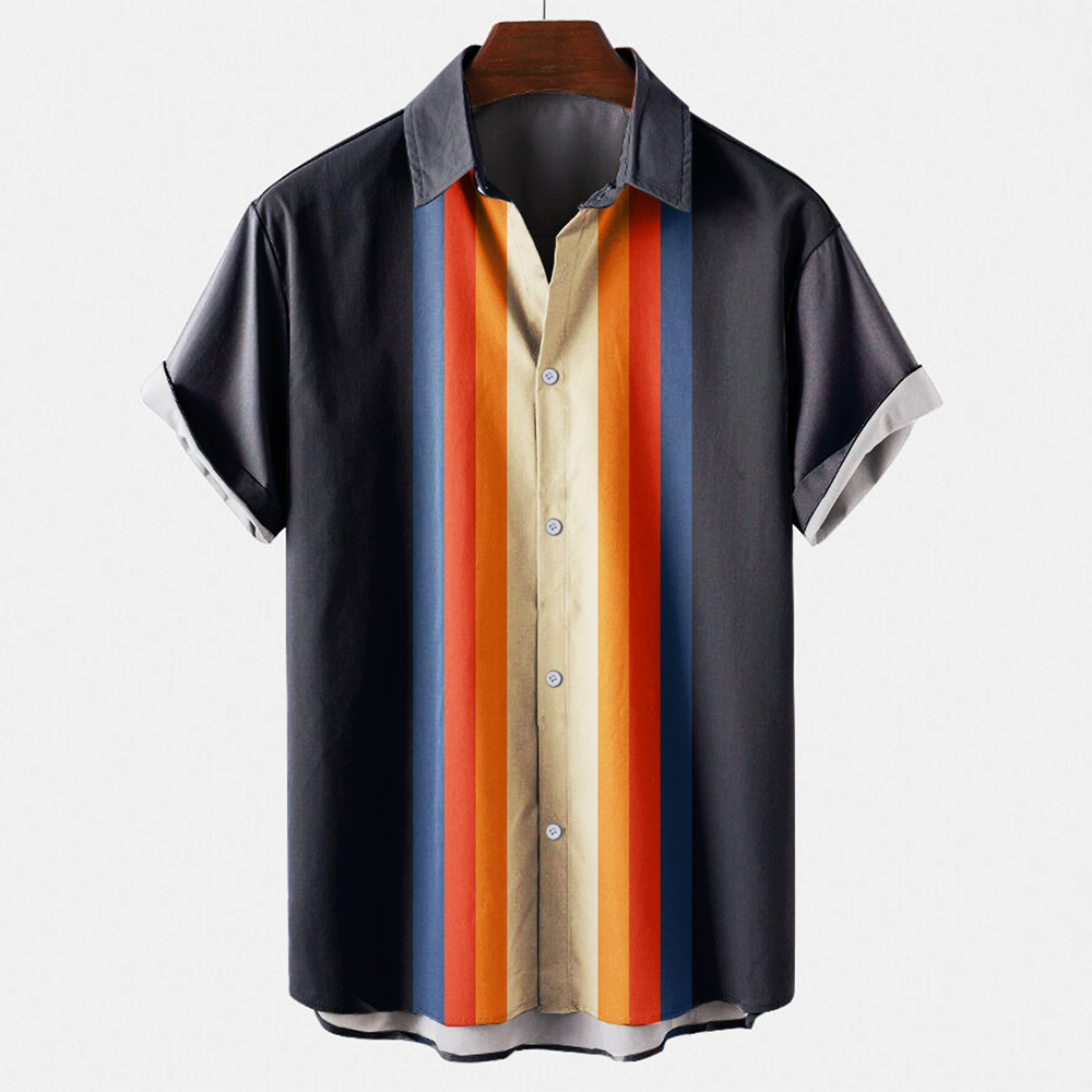 Men's Vintage Retro Striped Co - Short Sleeve Bowling Shirt Retro ulasan dan harga