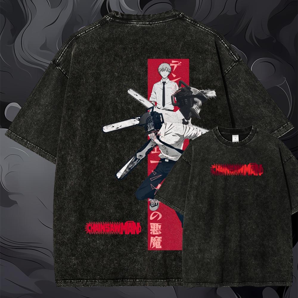 Oversized Chainsaw Man Graphic - Acid Wash Vintage Graphic T Shirt ulasan dan harga