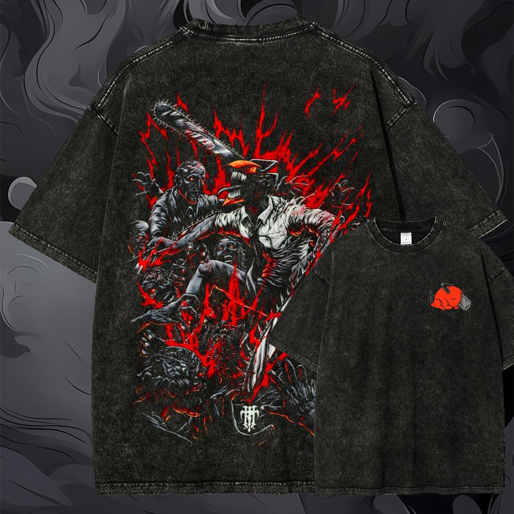 Oversized Chainsaw Man Graphic - Acid Wash Vintage Graphic T Shirt ulasan dan harga