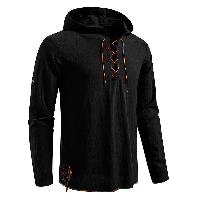 Men's Long Sleeve Hooded T-shi - Medieval Gothic Lace Up Pirate Shirt ulasan dan harga