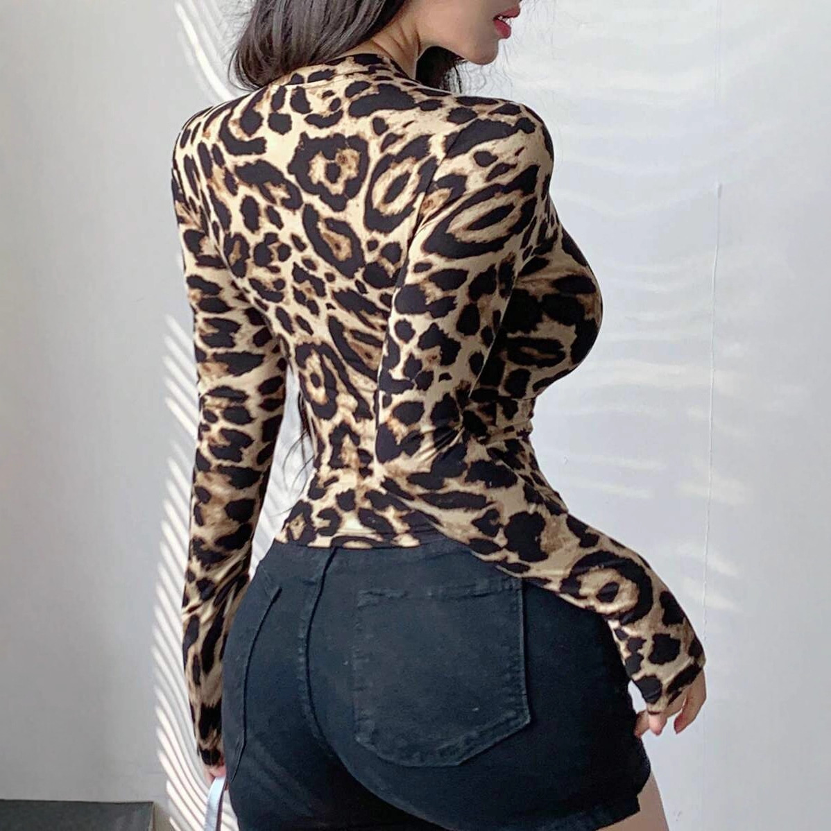 Women Leopard Print Zip Up Lon - Jackets ulasan dan harga
