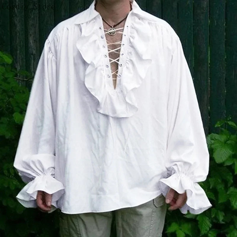 S-5XL Medieval Pirate Hallowee - Medieval Gothic Lace Up Pirate Shirt ulasan dan harga