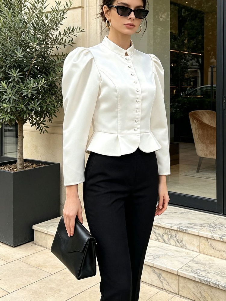 Peplum Blouse Long Sleeve Puff - Mandarin Collar Formal Shirt Slim Fit ulasan dan harga