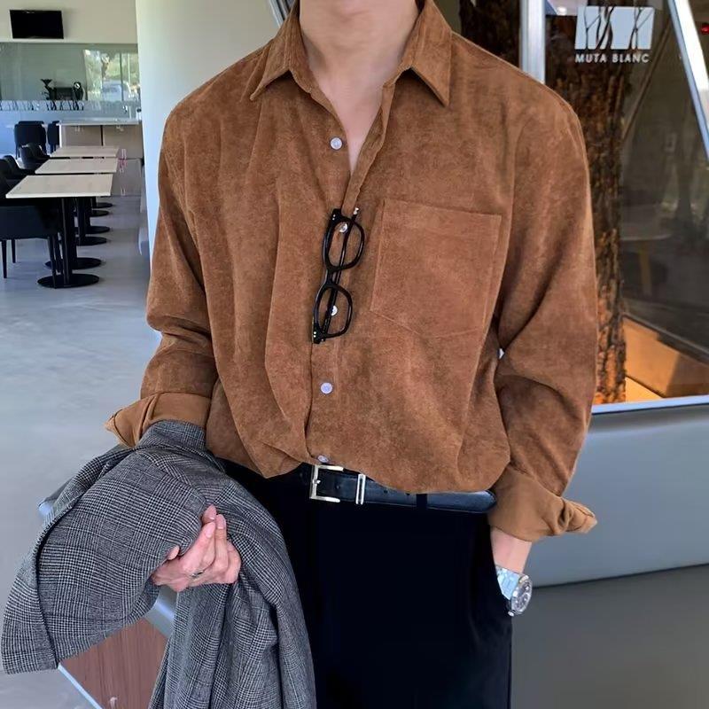 Men Corduroy Long Sleeve Black - Corduroy Button Up Shirt Men ulasan dan harga