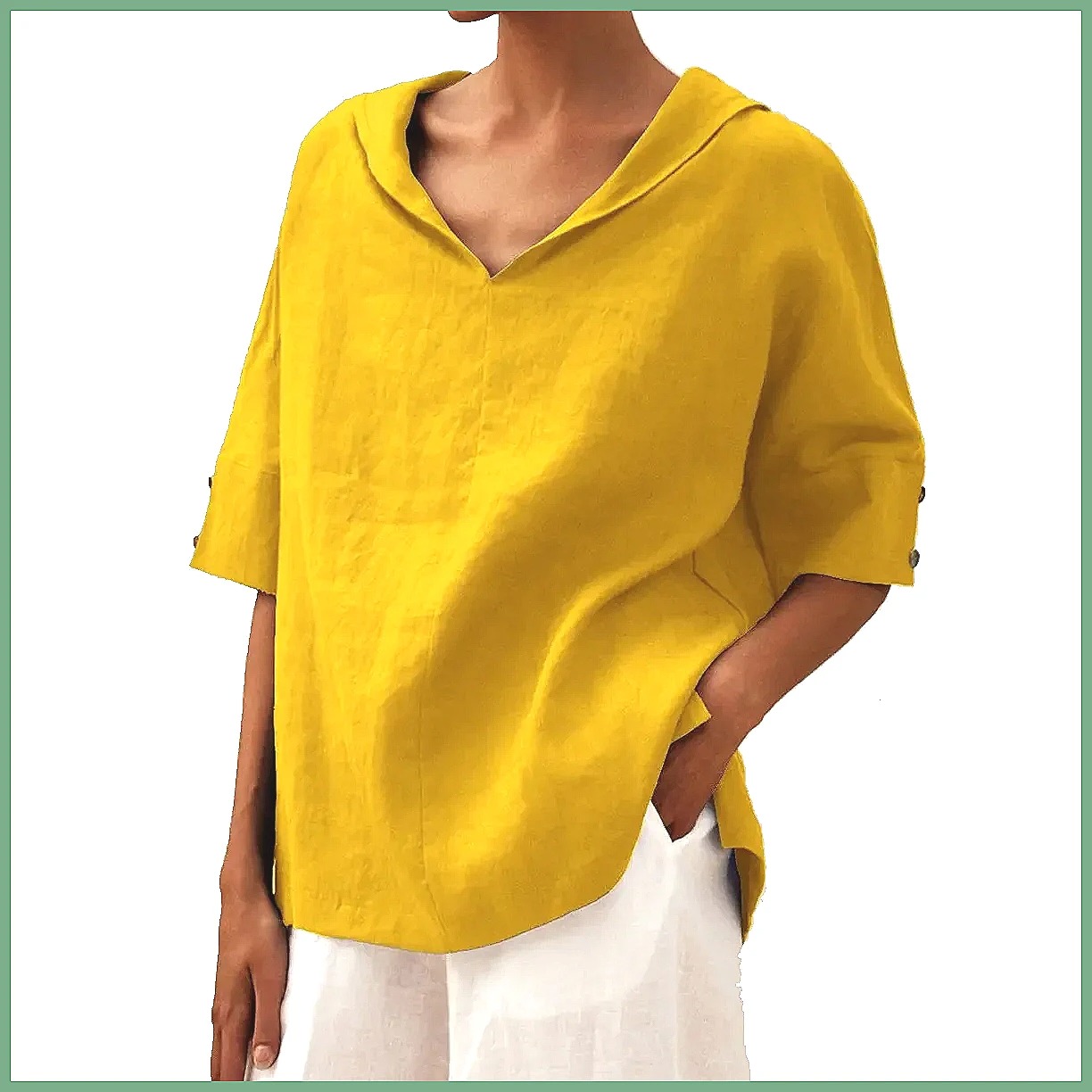 Women's Loose V-Neck Cotton Li - Shirts ulasan dan harga